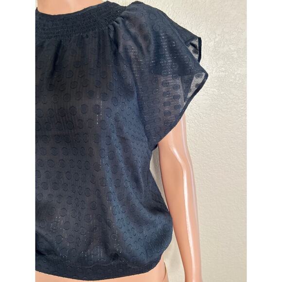 Express top blouse black/gold ruffle sleeve ruched bottom keyhole back SZ SM - Picture 3 of 10